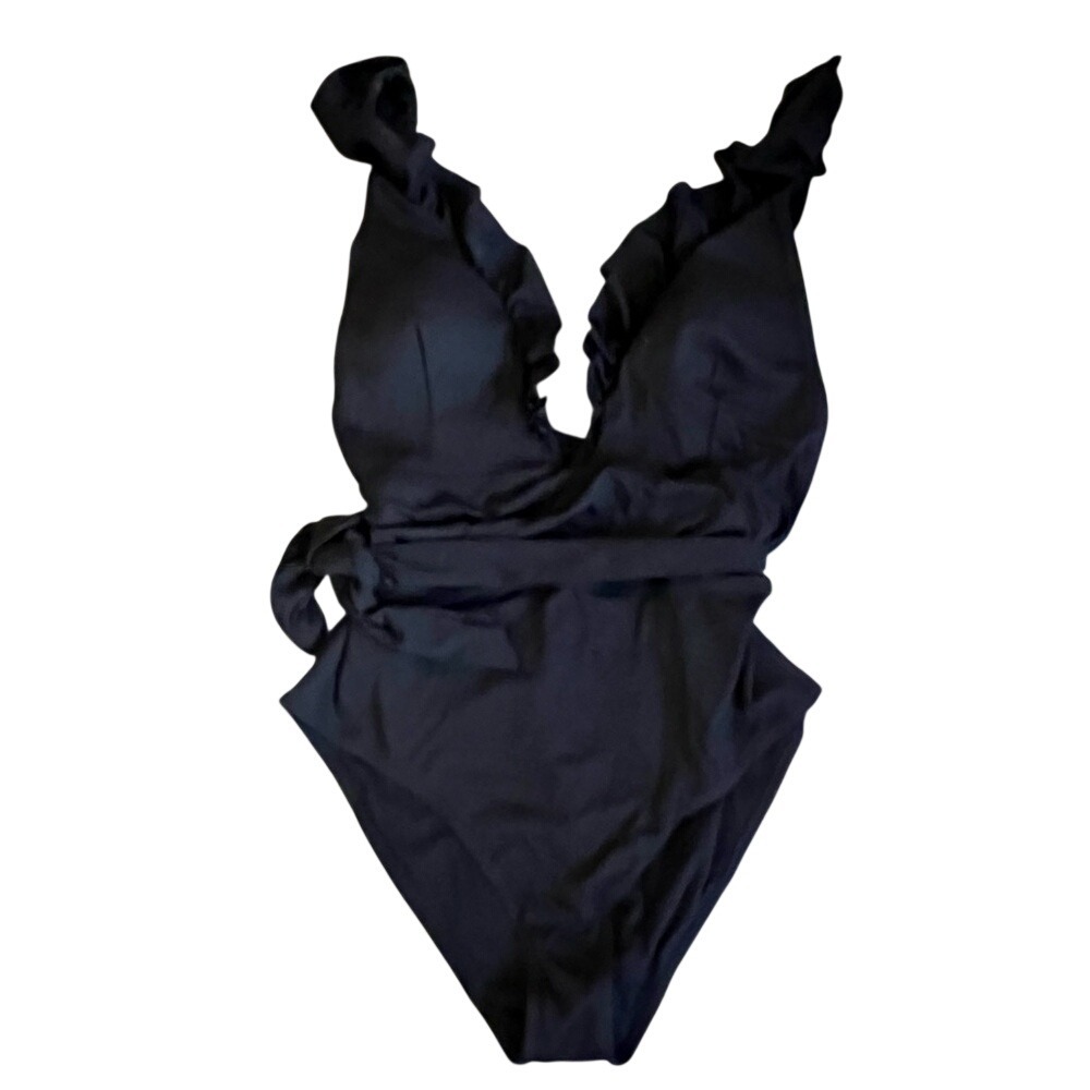 Black Ribbed Ruffle Deep V-Neck Belted One Piece Swimsuit 2XL Adjustable Straps